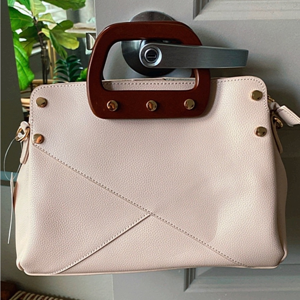 Anthropologie Ivory Vegan Leather Bag NWT Wooden handles